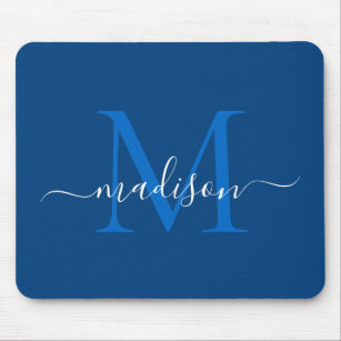Stylish Navy Blue White Monogram Script Modern Mouse Pad