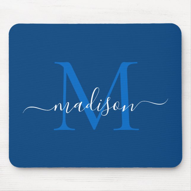 Stylish Navy Blue White Monogram Script Modern Mouse Pad (Front)