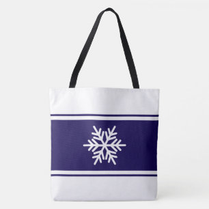 Stylish Navy Blue White Racing Stripes Snowflake Tote Bag