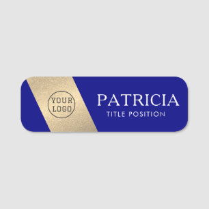 Stylish Navy Dark Blue & Luxury Gold Glitter Logo  Name Tag
