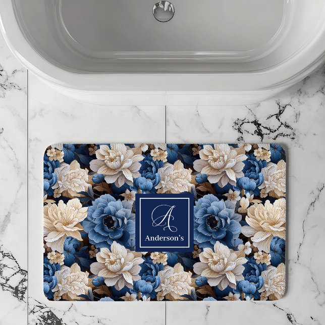 Stylish Navy Flowers Custom Name Floral Bath Mat (Stylish Navy Flowers Custom Name Floral Bath Mat)