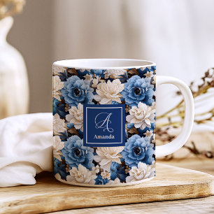 Stylish Navy Flowers Custom Name Floral Coffee Mug