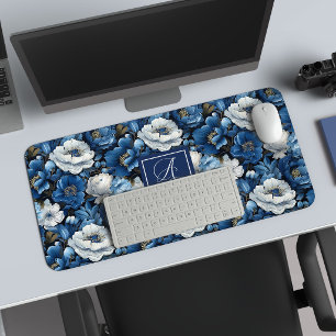 Stylish Navy Flowers Custom Name Floral Desk Mat