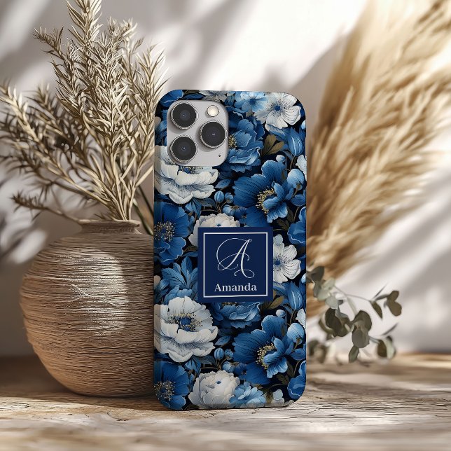 Stylish Navy Flowers iPhone Case Blue Floral Desig (Stylish Navy Flowers iPhone Case Blue Floral Design)