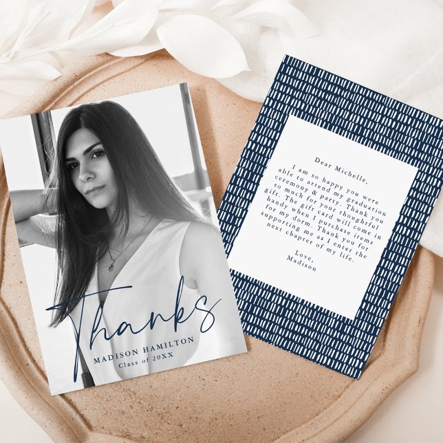 Stylish Navy Script Photo Graduation Thank You Card (Creator Uploaded)