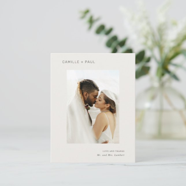 Stylish Neutral Photo Minimalist Wedding Thank You Card (Standing Front)