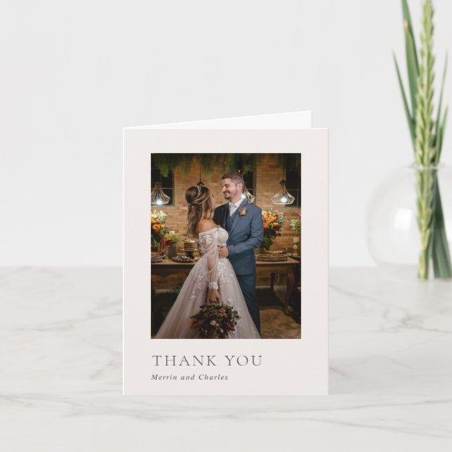 Stylish Neutral Photo Modern Wedding Thank You Card (Front)
