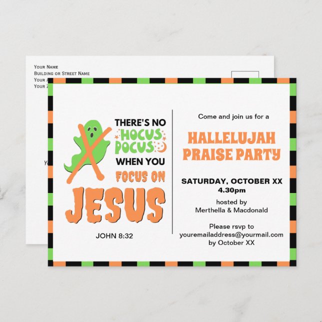 Stylish NO HOCUS POCUS Christian Halloween Invitation Postcard (Front/Back)