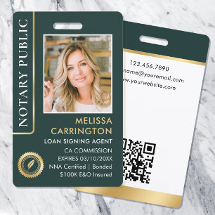Stylish Notary Public Photo QR Code ID Green Gold Badge