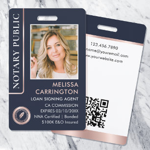 Stylish Notary Public Photo QR ID Blue Rose Gold Badge
