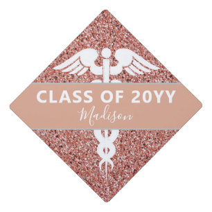 Stylish Nurse Caduceus Pink Rose Gold Glitter Name Graduation Cap Topper