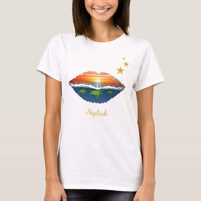 Stylish ocean sunrise lips, stars & calligraphy T-Shirt (Front)