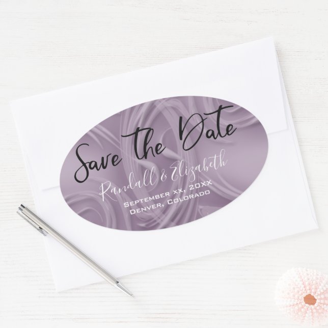 Stylish Old Lavender Strokes "Save the Date" Oval Sticker (Envelope)