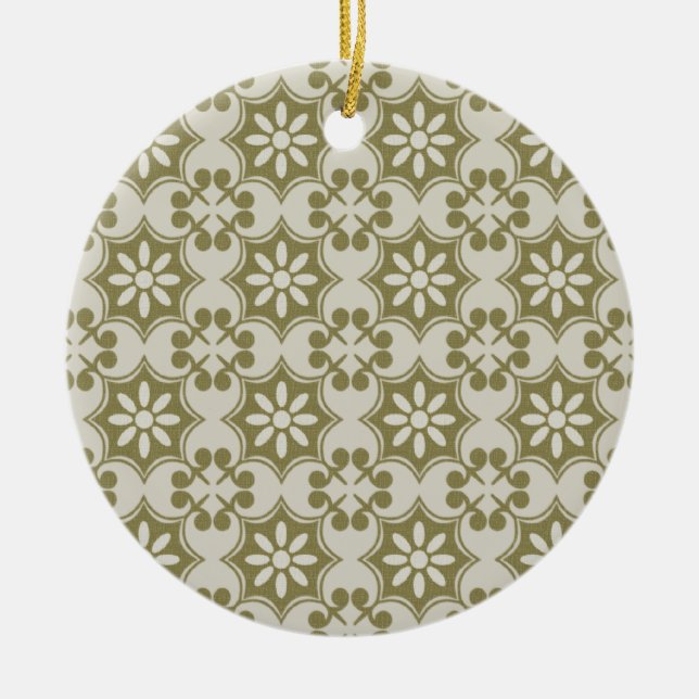 Stylish olive green Fleur de Lis repeating pattern Ceramic Ornament (Front)
