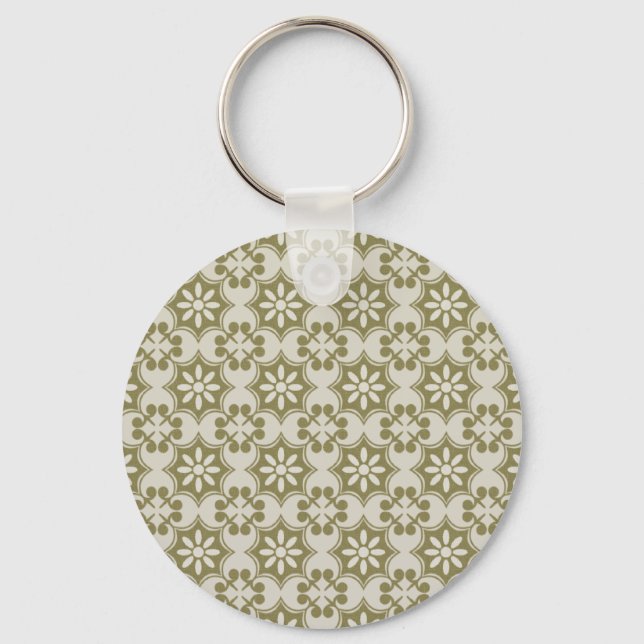 Stylish olive green Fleur de Lis repeating pattern Keychain (Front)