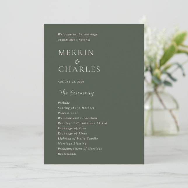 Stylish Olive Green Modern Wedding Program (Standing Front)