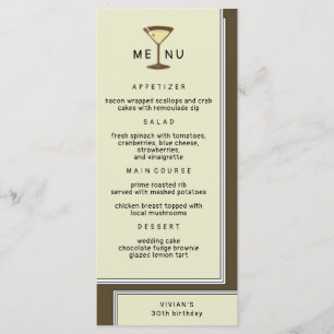 Stylish Olive Martini Birthday Dinner Menu