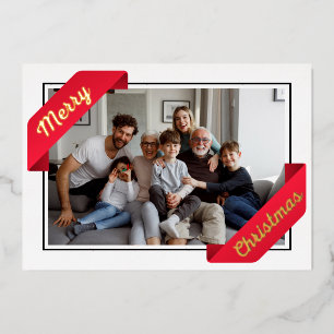 stylish one photo red banner merry christmas foil holiday card