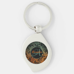 Stylish Orange and Green Black Floral Monogram Keychain