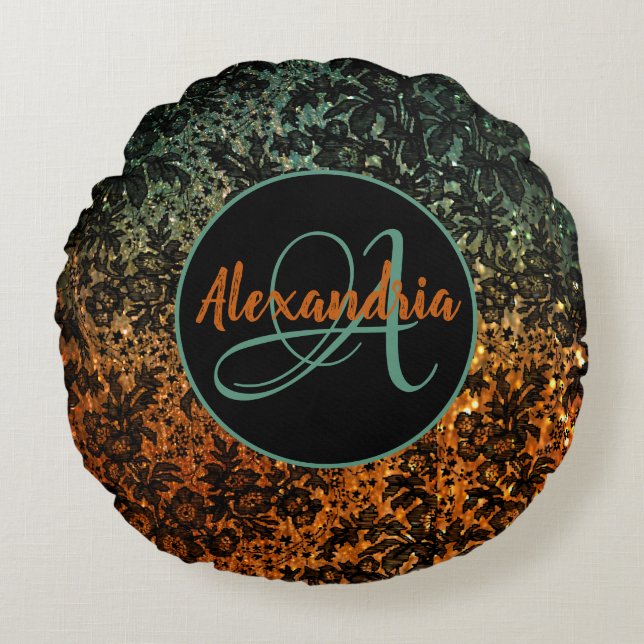 Stylish Orange and Green Black Floral Monogram  Round Pillow (Front)