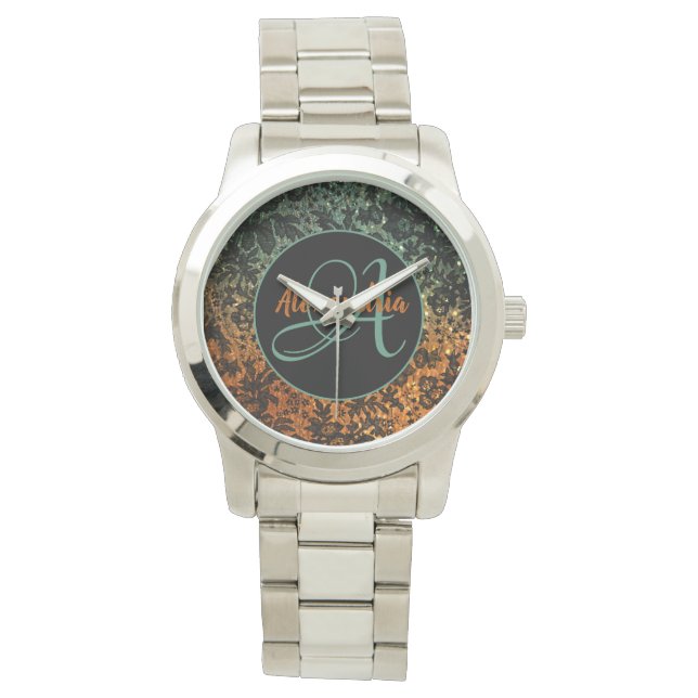 Stylish Orange and Green Black Floral Monogram   Watch (Front)