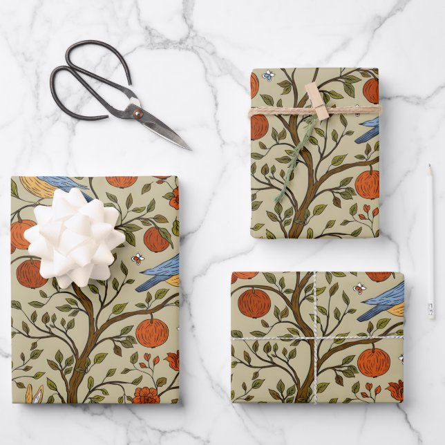Stylish Orange Apples on Brown Trees Design Wrapping Paper Sheet (Front)