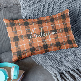 Stylish Orange & Black Fall Colour Plaid Lumbar Pillow
