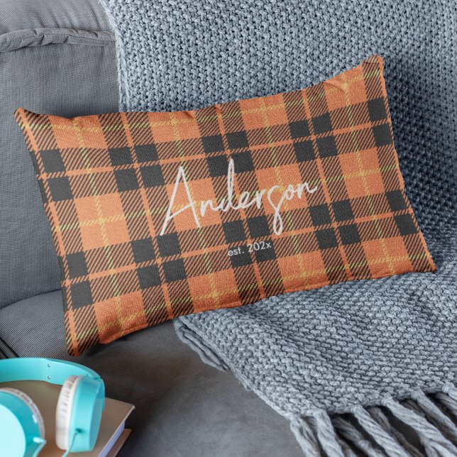 Stylish Orange & Black Fall Colour Plaid Lumbar Pillow (Creator Uploaded)