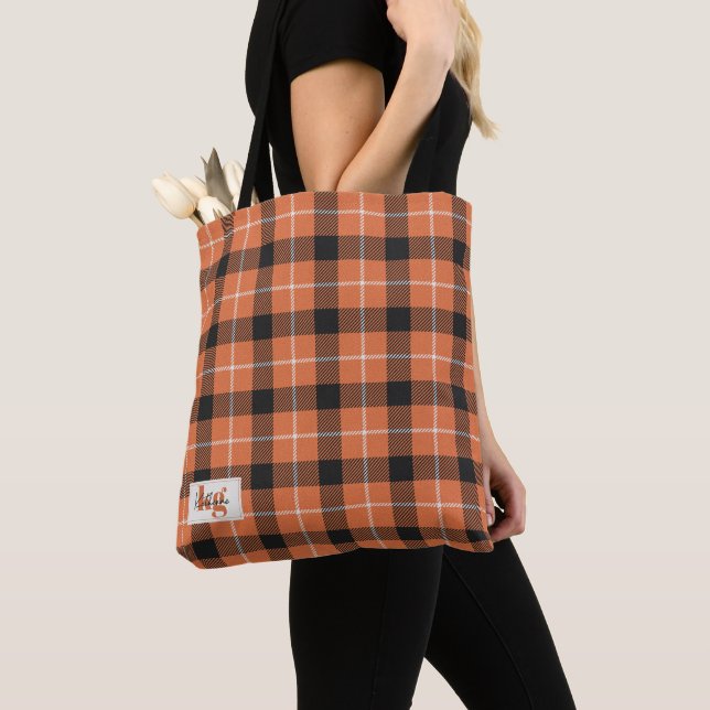 Stylish Orange & Black Fall Colour Plaid Shoulder Tote Bag (Close Up)