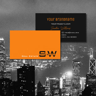 Stylish Orange Black Modern with Monogram Simple Business Card