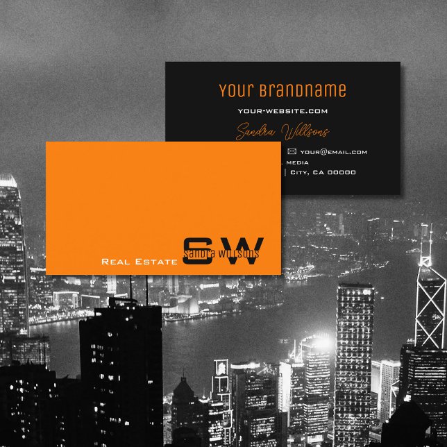 Stylish Orange Black Modern with Monogram Simple Business Card (Creator Uploaded)