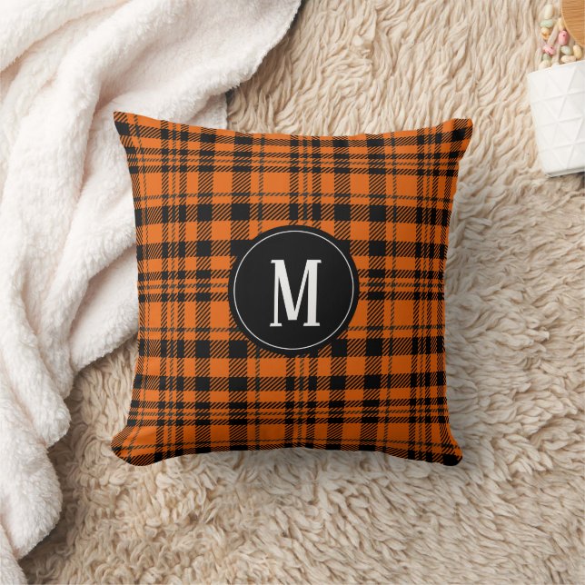 Stylish Orange Black Twill Plaid Design Pattern Throw Pillow (Blanket)