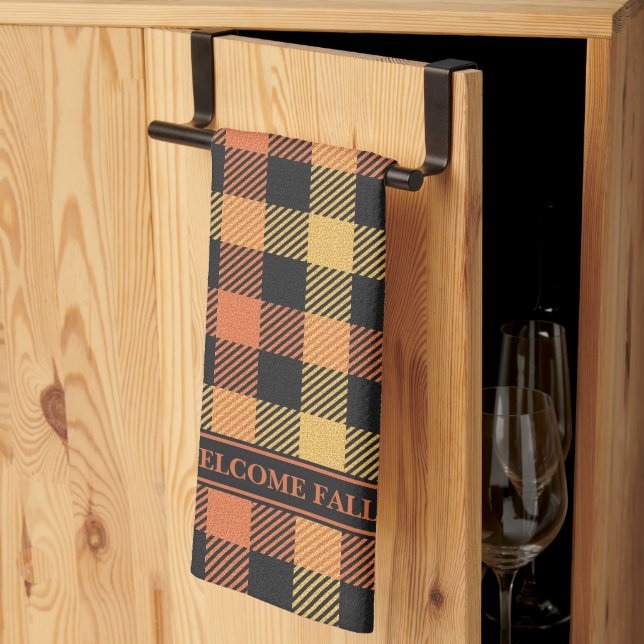 Stylish Orange Black Yellow Fall Colour Plaid Kitchen Towel (Thirds Fold)