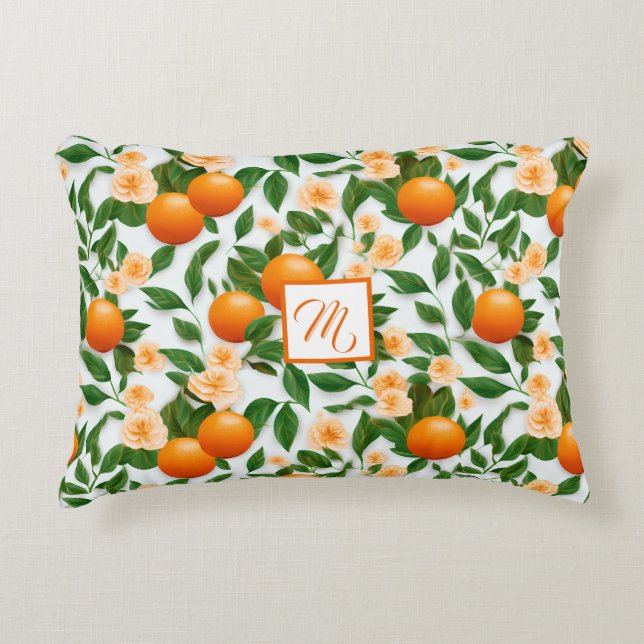 Stylish Orange Blossom Monogrammed Decorative  Accent Pillow (Front)