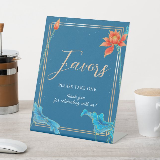 Stylish Orange & Blue Wedding Floral Lotus  Pedestal Sign (In SItu)
