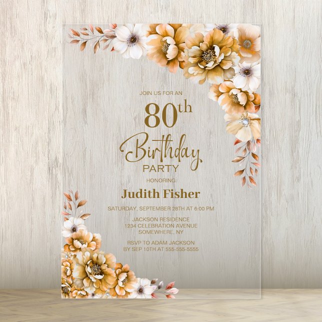 Stylish Orange Floral 80th Birthday Party Acrylic Invitations (Creator Uploaded)