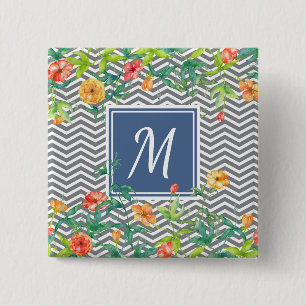 Stylish Orange Floral Chevron Chic Blue Monogram 2 Inch Square Button