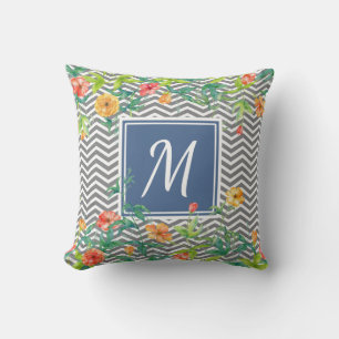 Stylish Orange Floral Chevron Chic Blue Monogram Throw Pillow