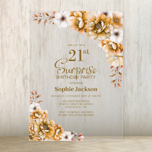 Stylish Orange Floral Surprise 21st Birthday Party Acrylic Invitations