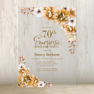Stylish Orange Floral Surprise 70th Birthday Party Acrylic Invitations