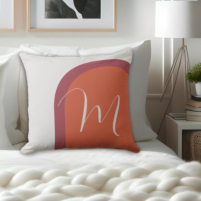 Stylish Orange Magenta Pink Arch with Monogram Throw Pillow (Personalize this stylish throw pillow with your monogram initial.)