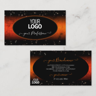Stylish Orange Marble Black Glitter Stars Add Logo Business Card