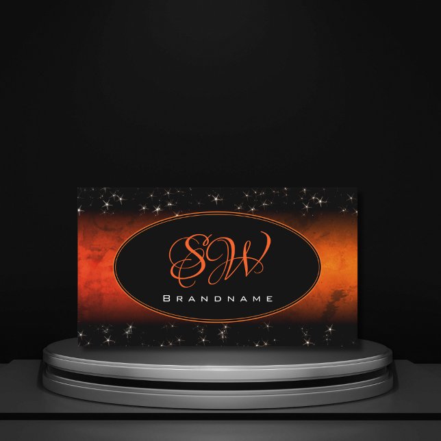 Stylish Orange Marble Black Glitter Stars Initials Business Card (Creator Uploaded)