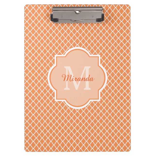 Stylish Orange Quatrefoil Monogram With Name Clipboard (Front)
