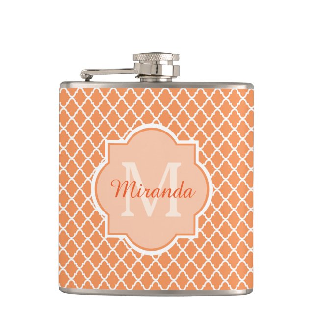 Stylish Orange Quatrefoil Monogram With Name Hip Flask (Front)