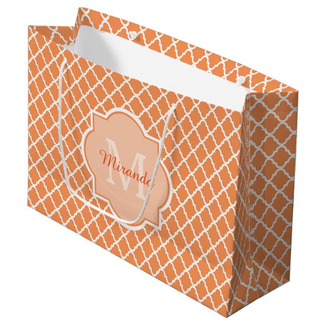 Stylish Orange Quatrefoil Monogram With Name Large Gift Bag (Front Angled)