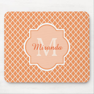 Stylish Orange Quatrefoil Monogram With Name Mouse Pad