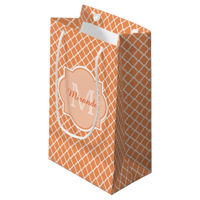 Stylish Orange Quatrefoil Monogram With Name Small Gift Bag (Front Angled)