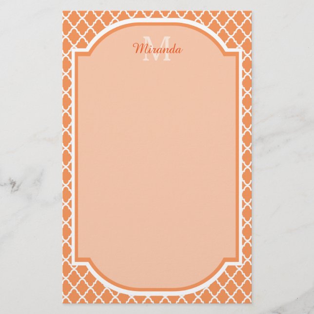 Stylish Orange Quatrefoil Monogram With Name Stationery (Front)