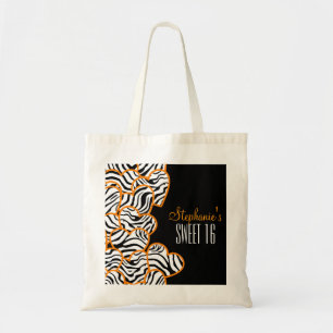 Stylish Orange Sweet 16 Zebra Heart Design Name  Tote Bag